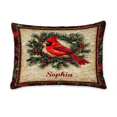 Christmas Cardinal Perched on Branch Within Wreath Patchwork Winter Quilt