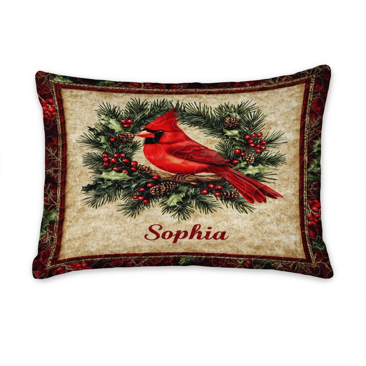 Christmas Cardinal Perched on Branch Within Wreath Patchwork Winter Quilt