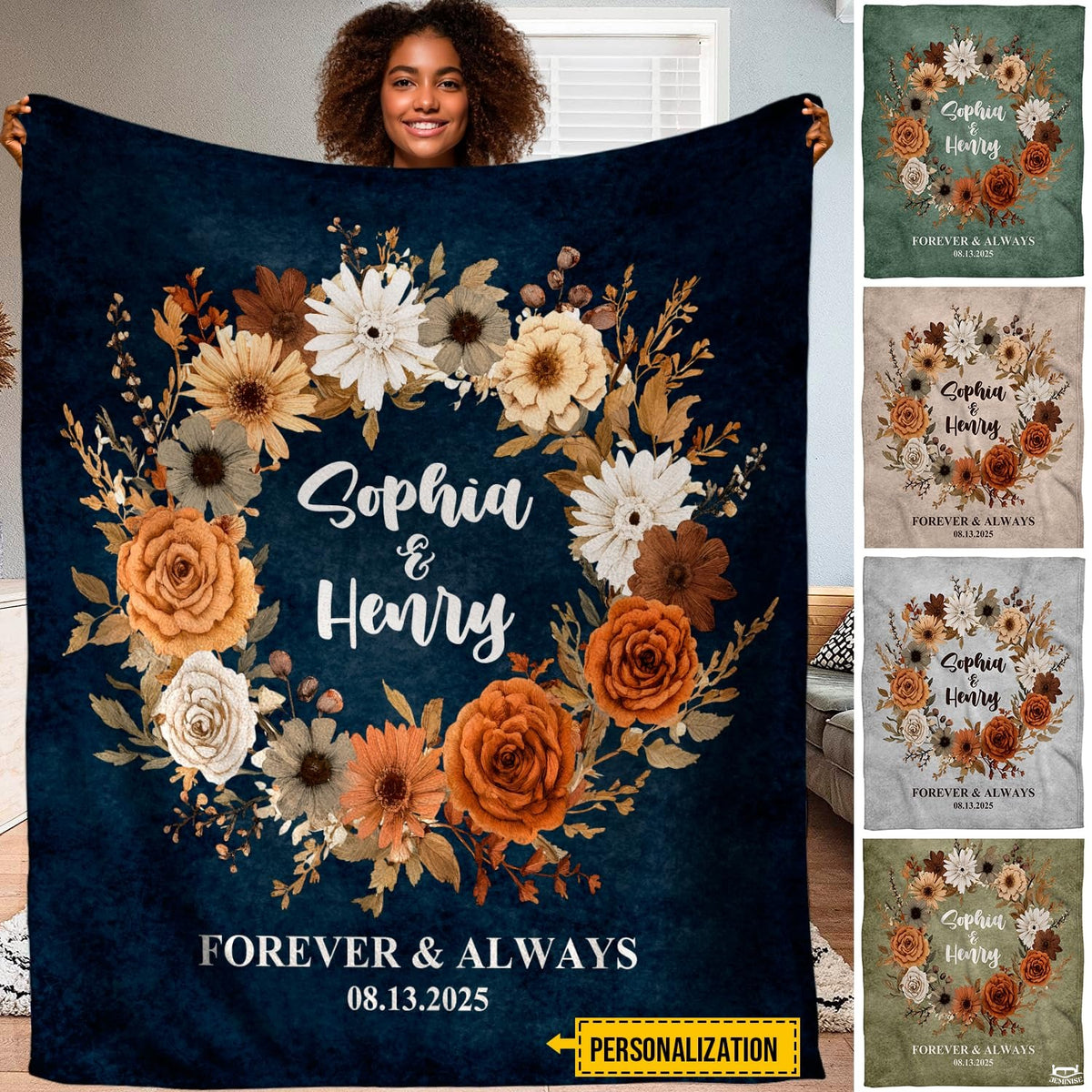 Autumn floral wreath navy throw blanket featuring rust roses and cream daisies on deep midnight blue