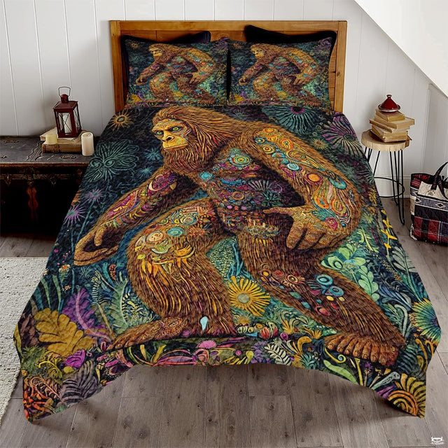 Trippy bed covers featuring a psychedelic Sasquatch walking through an enchanted botanical forest with vibrant mandalas.