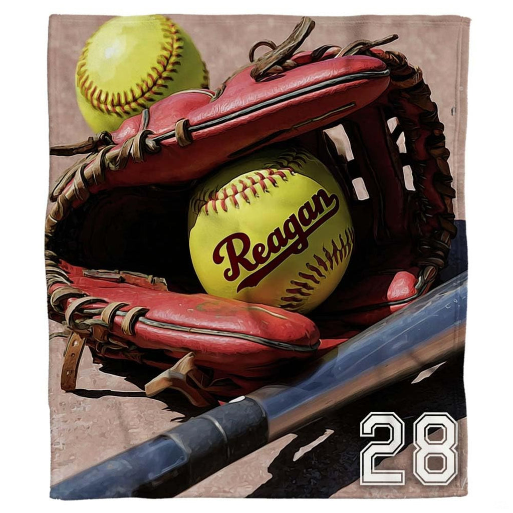 Crimson glove and softballs diamond dugout blanket with yellow ball