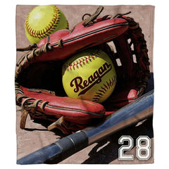 Crimson glove and softballs diamond dugout blanket with yellow ball