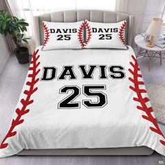 Baseball sport jersey bedding set display featuring bold collegiate typography and curved red ball seams.
