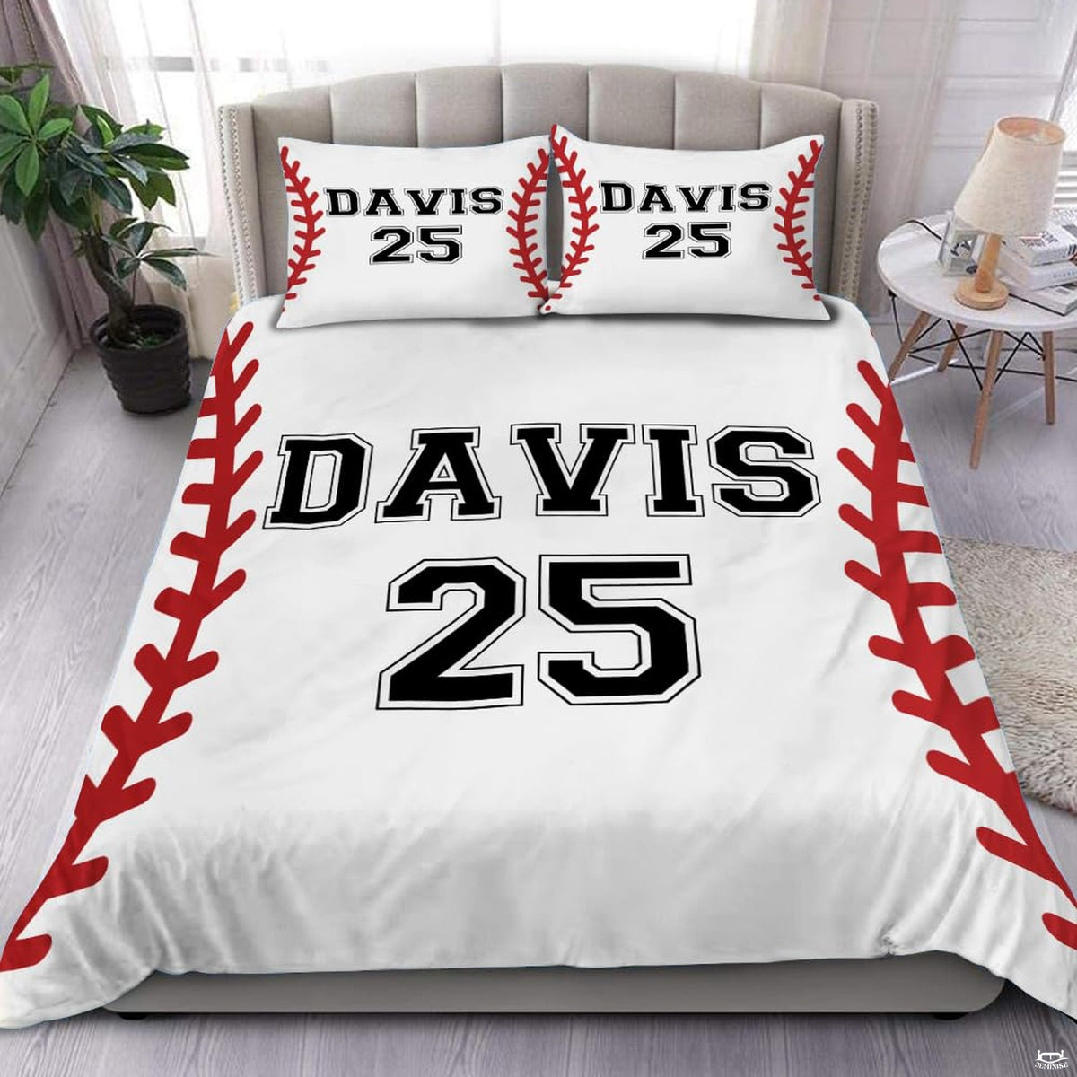 Baseball sport jersey bedding set display featuring bold collegiate typography and curved red ball seams.