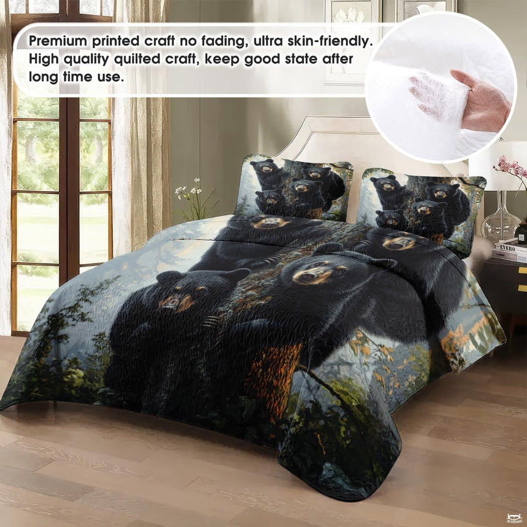 Detailed visual artwork of mother black bear and cubs in forested woodland.