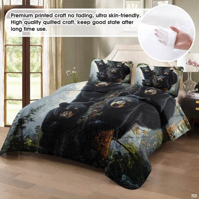 Detailed visual artwork of mother black bear and cubs in forested woodland.