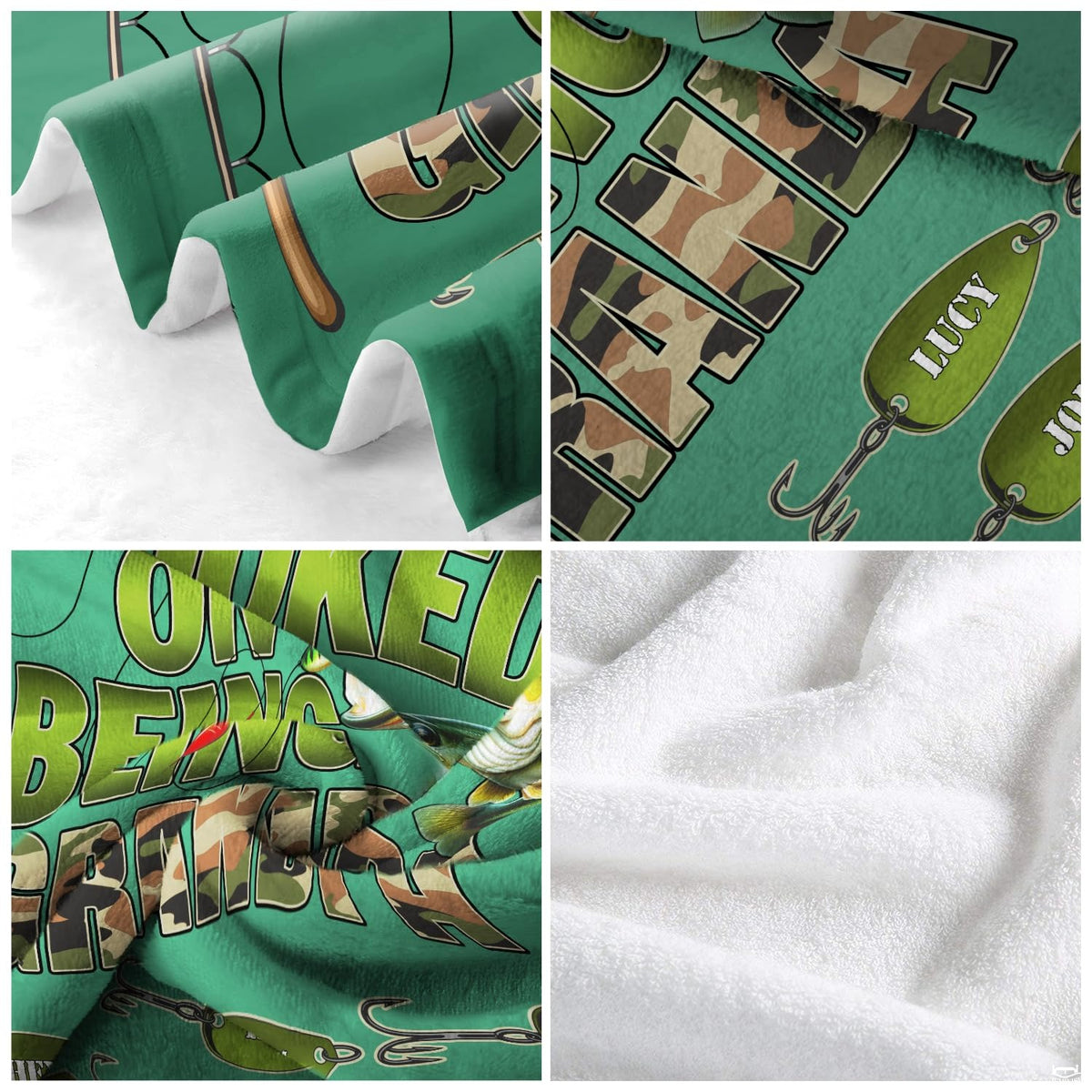 Four panel visual displaying camouflage lettering details, lure motifs, and plush reverse surface