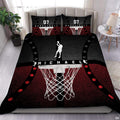 Red and black basketball sports bedding featuring hanging net and jump shooter silhouette on a modern bed