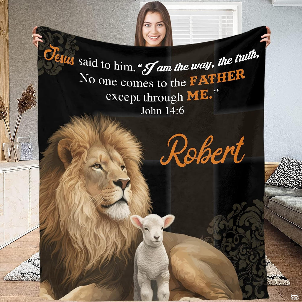 Lion and lamb biblical faith artwork blanket displaying noble lion and white lamb.
