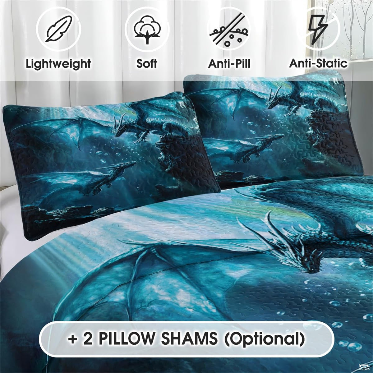 Complete fantasy water dragon bedding set with matching decorative shams showcasing sea serpent visuals.