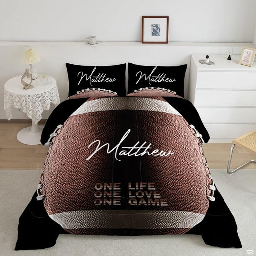 Football pebble grain bedding featuring an oversized textured football graphic with white stripes on black backdrop