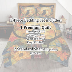 Corner fold view of autumn bedding highlighting vibrant sunflower printing and rich seasonal color contrast