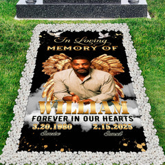 Golden angel wings memorial remembrance grave blanket displayed on lawn