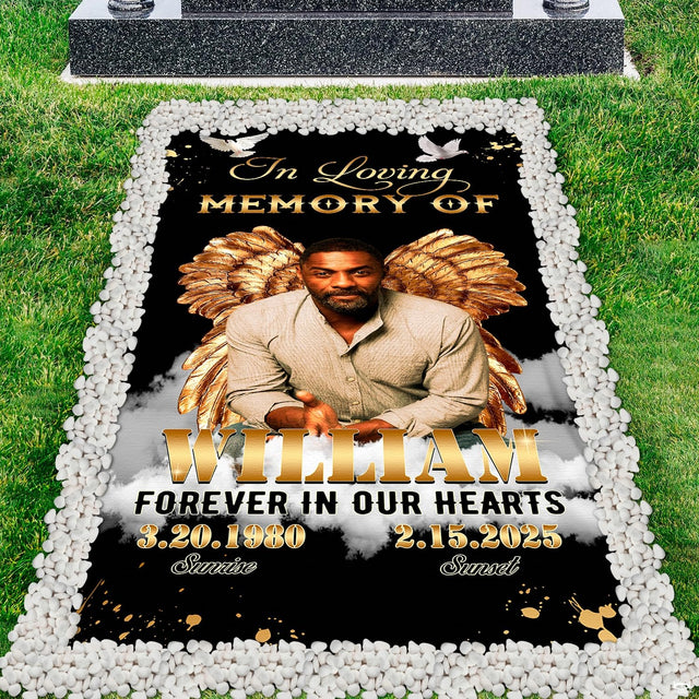 Golden angel wings memorial remembrance grave blanket displayed on lawn