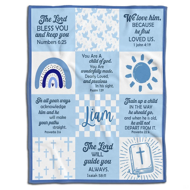 Blue Christian scripture patchwork throw blanket with rainbow and bible verse blocks