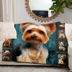 Angled perspective showing sharp print definition and vibrant teal background of the Yorkie dog throw blanket