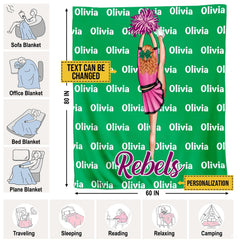 Cheerleader graphic design with pom-poms and bow accent on rich emerald green backdrop.
