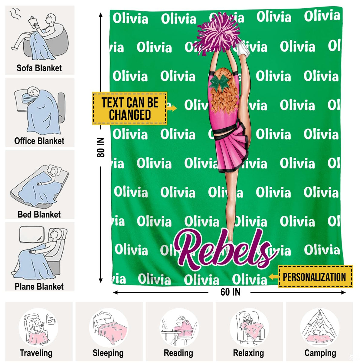 Cheerleader graphic design with pom-poms and bow accent on rich emerald green backdrop.
