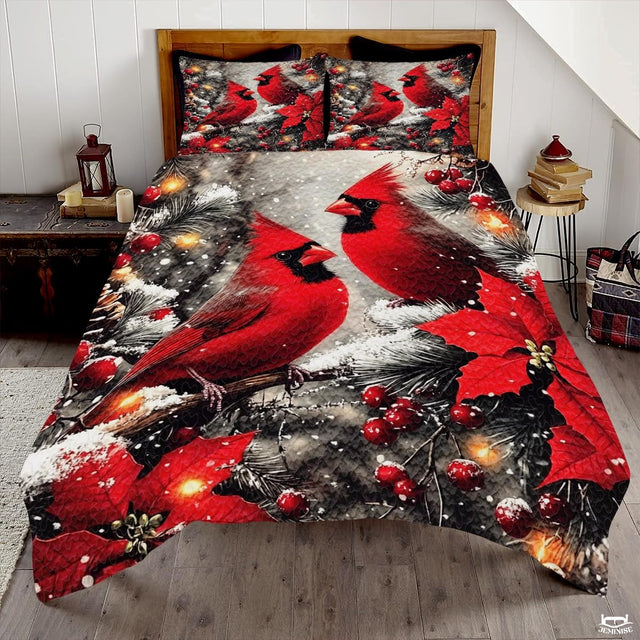 Christmas Cardinals on Snowy Branches Patchwork Winter Quilt