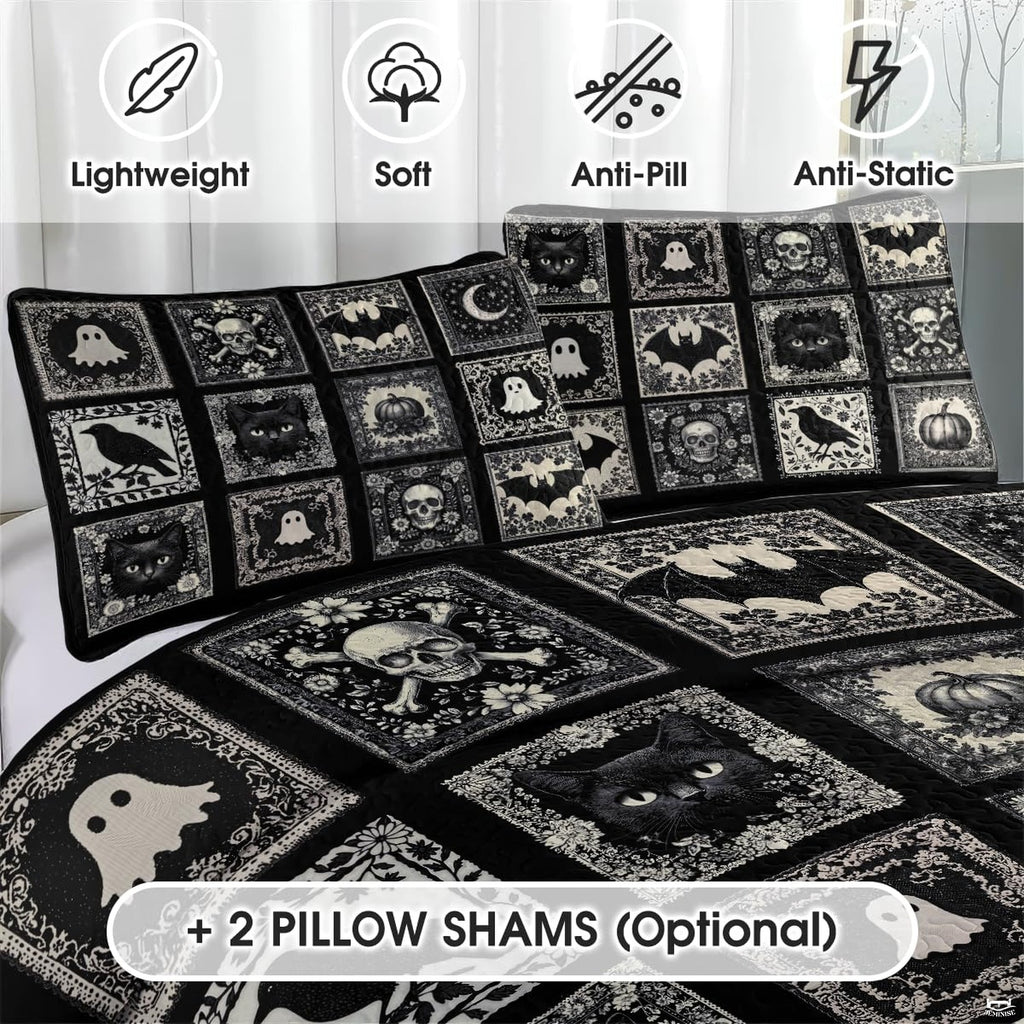Matching pillow sham detail for gothic Halloween bedding set displaying tiled icons in bedroom setting