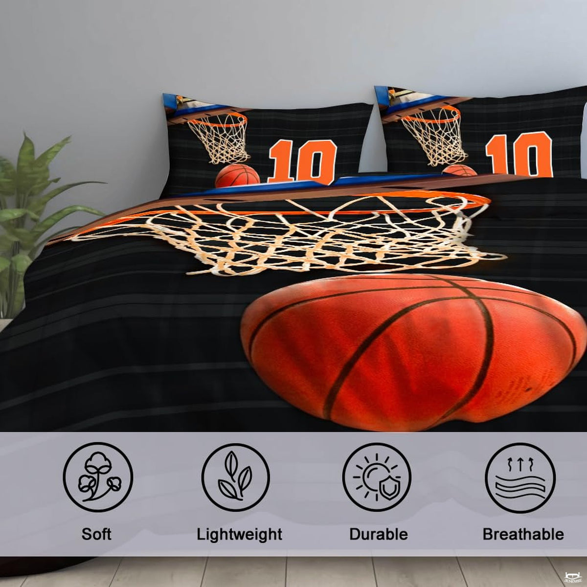 Corner fold view of basketball bedding highlighting vivid court orange printing against charcoal stripes