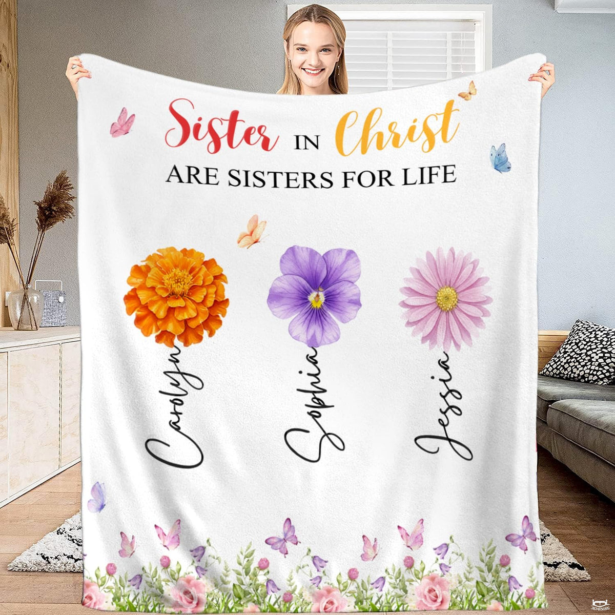 Floral garden bedding set showcasing illustrated pansy, marigold, and daisy blossoms with butterflies.