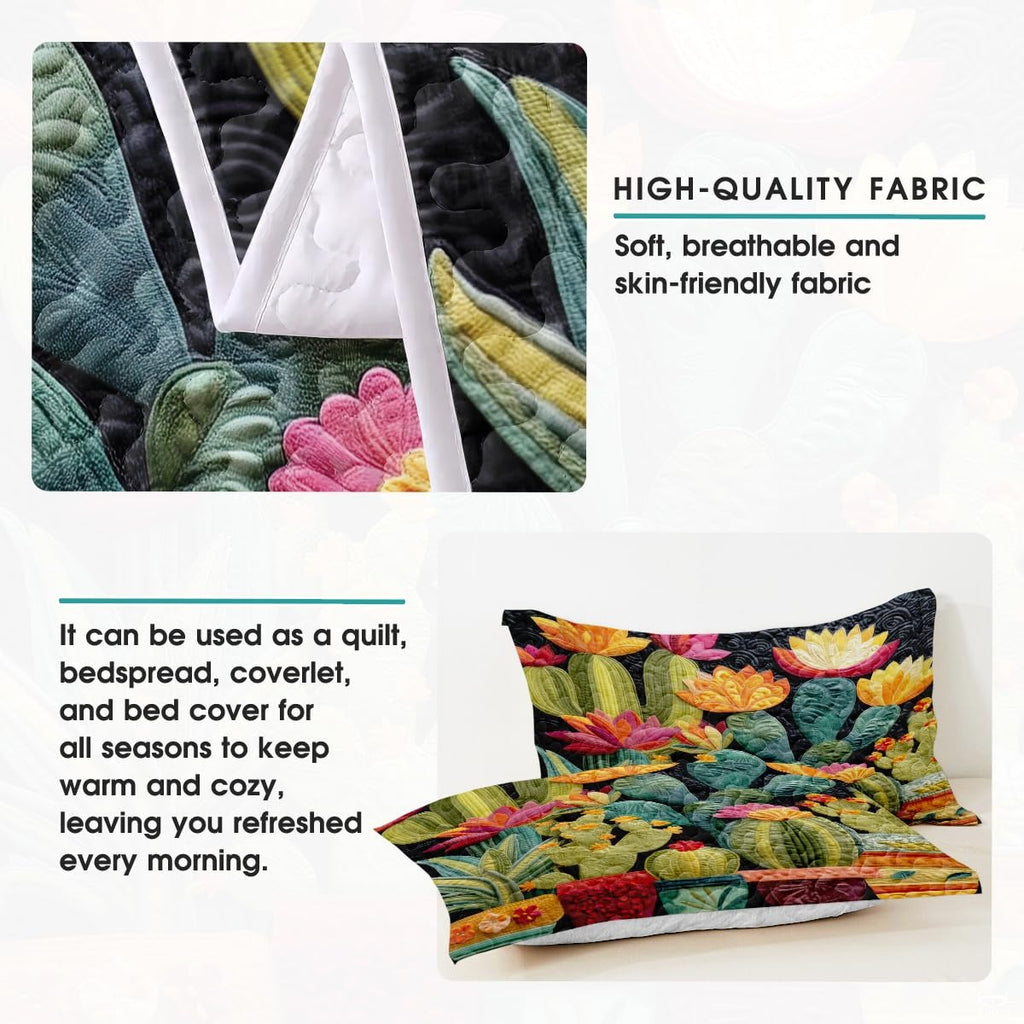 Personalized Flowering Cactus & Succulent Garden Quilt Set - Design 5