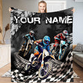 Motocross dirt bike racing throw blanket featuring three motorcycle racers and checkered flag graphics