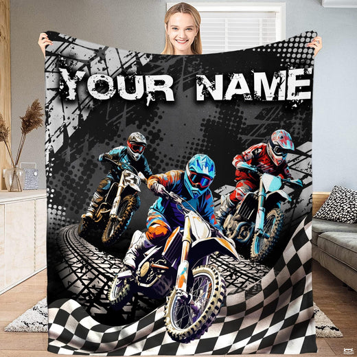Motocross dirt bike racing throw blanket featuring three motorcycle racers and checkered flag graphics