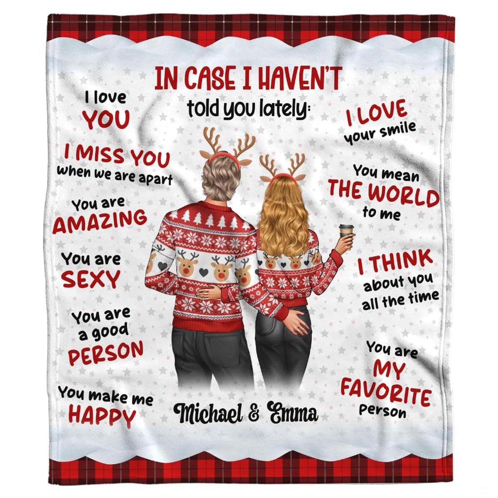 Holiday couple in Nordic sweaters with romantic quotes and red buffalo check plaid borders, view 2.