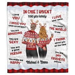 Holiday couple in Nordic sweaters with romantic quotes and red buffalo check plaid borders, view 2.