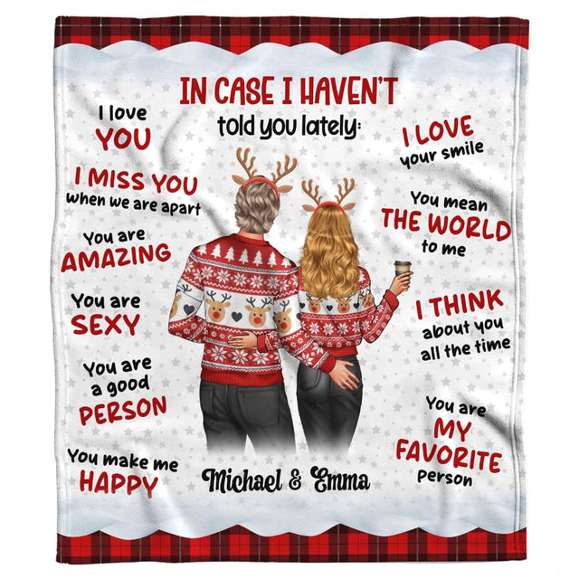 Holiday couple in Nordic sweaters with romantic quotes and red buffalo check plaid borders, view 2.