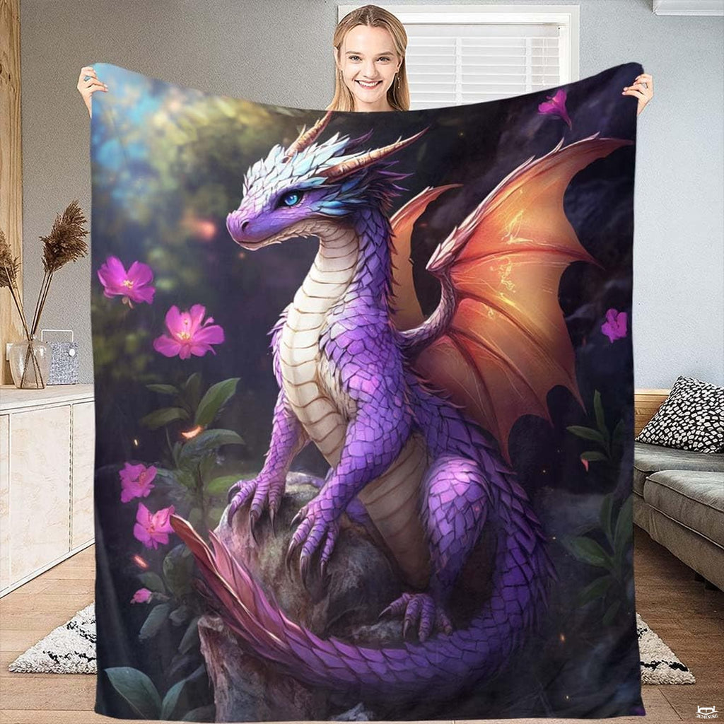 Fantasy digital illustration of purple dragon with amber wings on mossy rock with pink flowers, view 1.