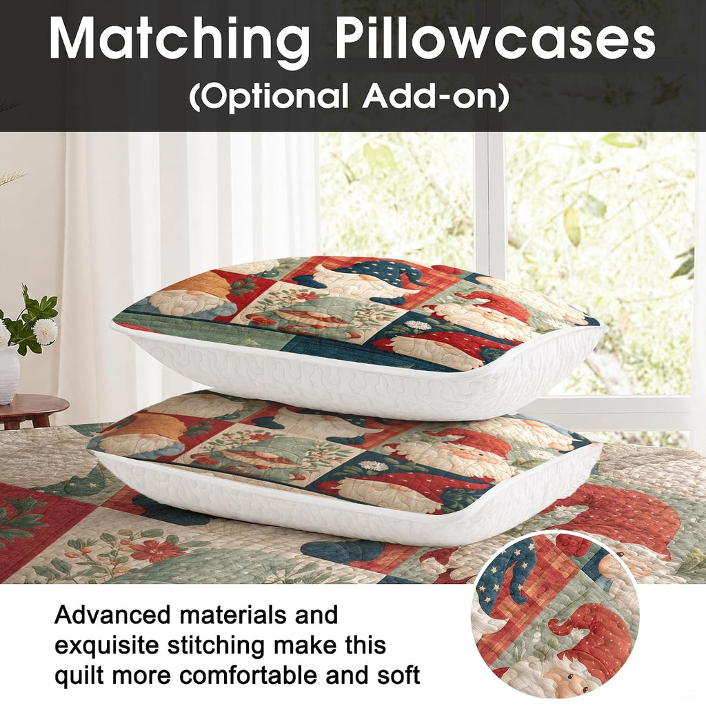 Detailed patchwork print on Christmas bedding showing whimsical Scandinavian gonks surrounded by holly leaves.