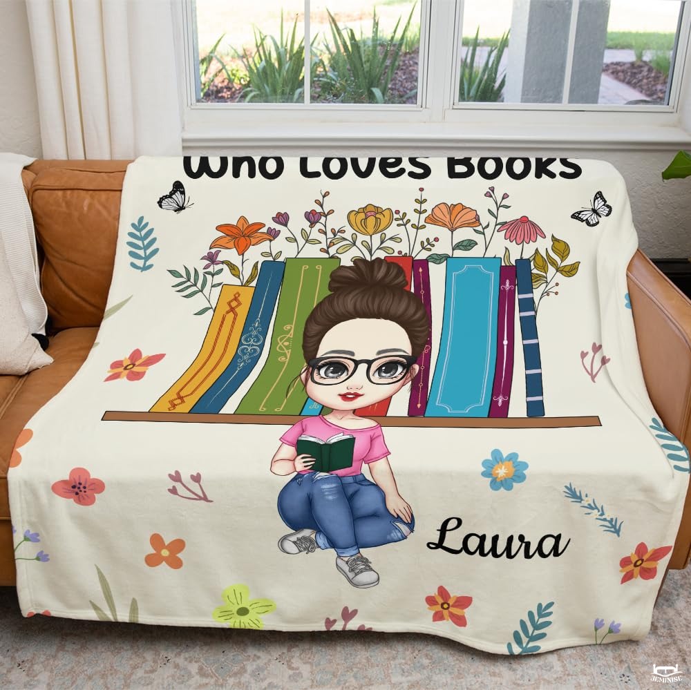 Personalized Girl Reading in Front of Book Bookshelf Throw - Design 8