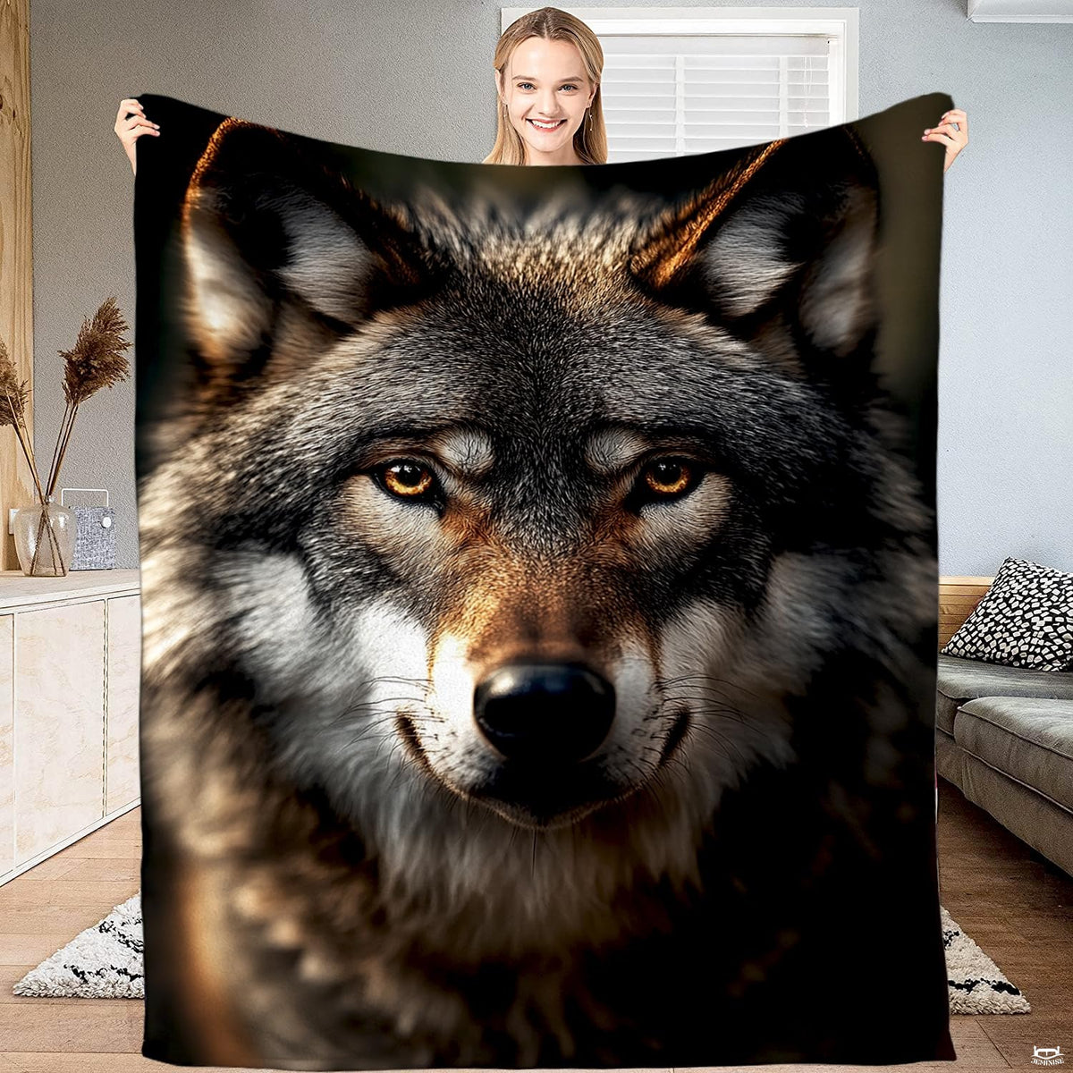 Timber wolf direct gaze portrait throw blanket showing close-up wolf face with amber eyes