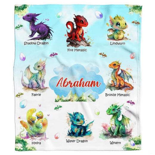 Cute watercolor baby dragons throw blanket displaying eight fantasy hatchlings and eggs on blue