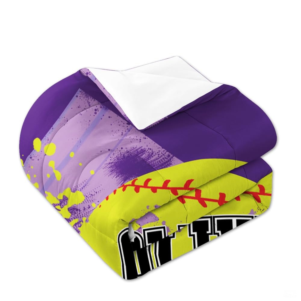 Decorative Softball Bedding Set – Bright Teal Yellow Sports Comforter for Girls and Women, Cozy Softball Fan Bedroom Set in Twin, Queen, King Sizes