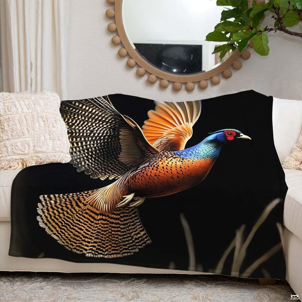 Pheasant bedding ensemble arranged in rustic bedroom setting.