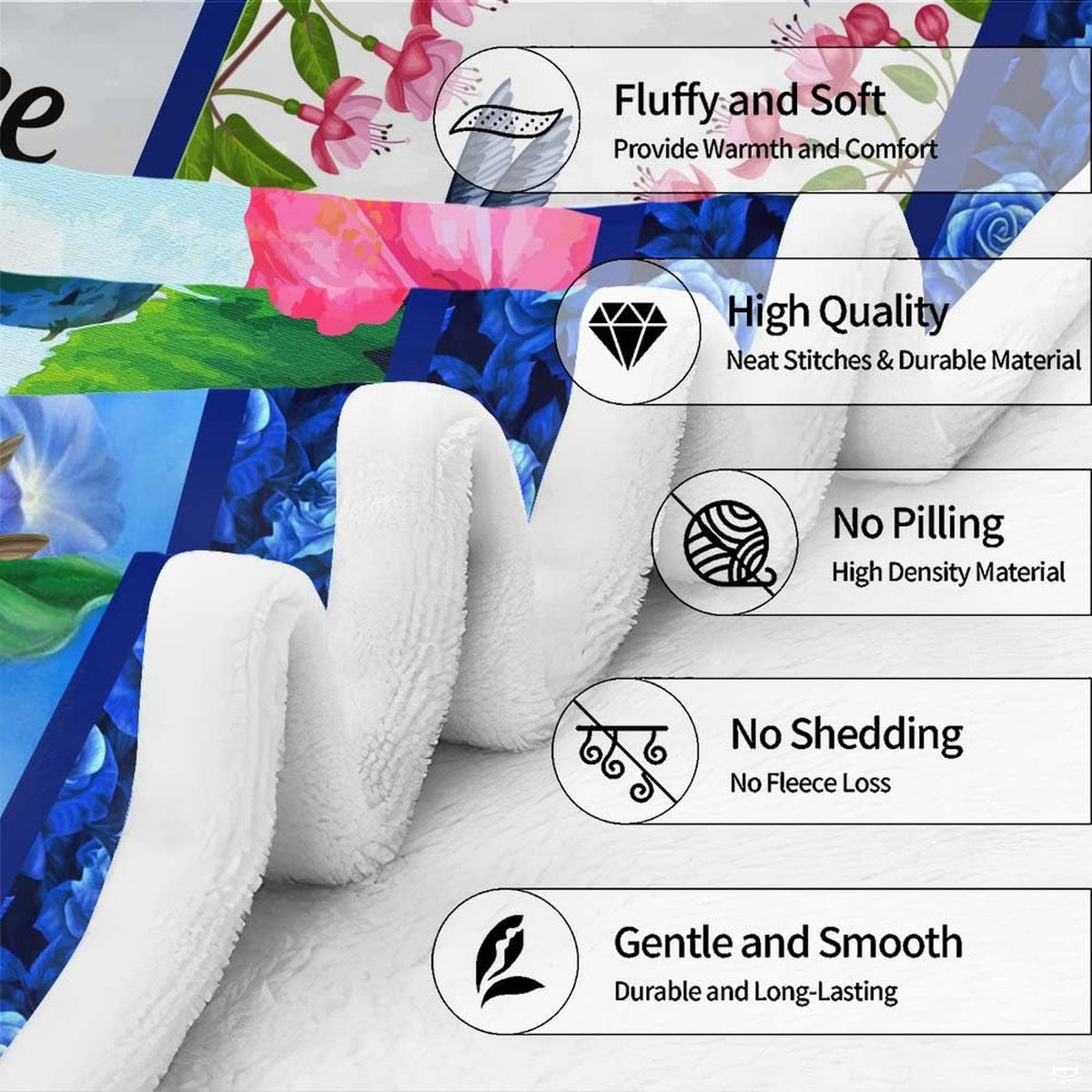 Hummingbird floral collage throw blanket view 7 highlighting iridescent bird artwork and garden room styling