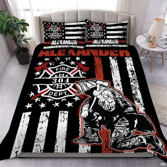 Kneeling helmeted responder supporting a smaller figure over distressed black, white, and red flag art