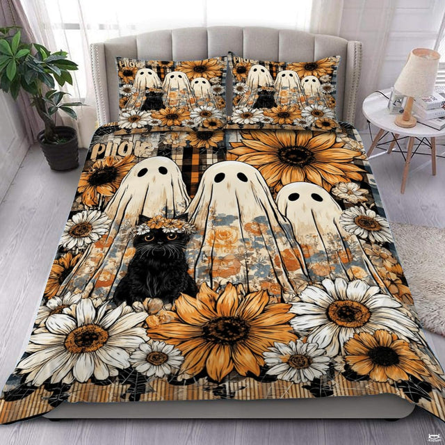Cute ghosts and black cat sunflower plaid bedding - view 1