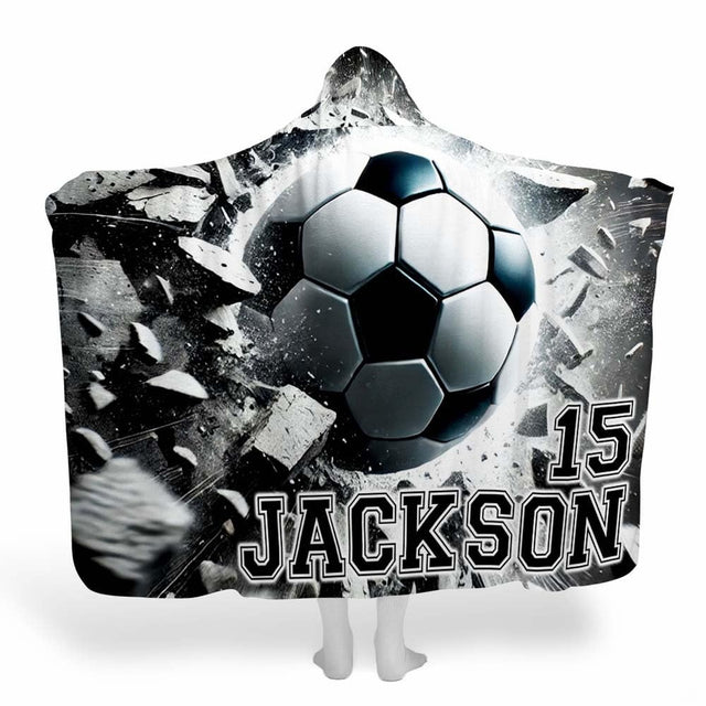 Shattered wall exploding soccer ball sports blanket showing athletic action view 1