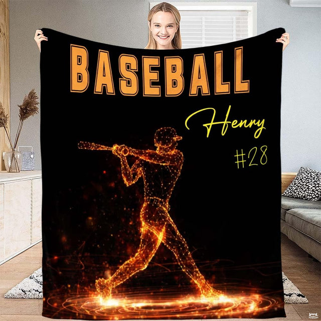 Fiery baseball throw blanket view 2 highlighting glowing polygon batter, ember sparks, and dark backdrop