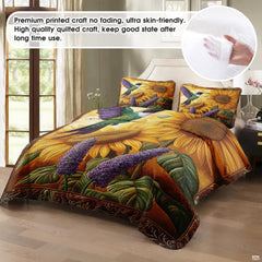 Staged bed featuring green hummingbird, yellow sunflowers, and amber botanical art
