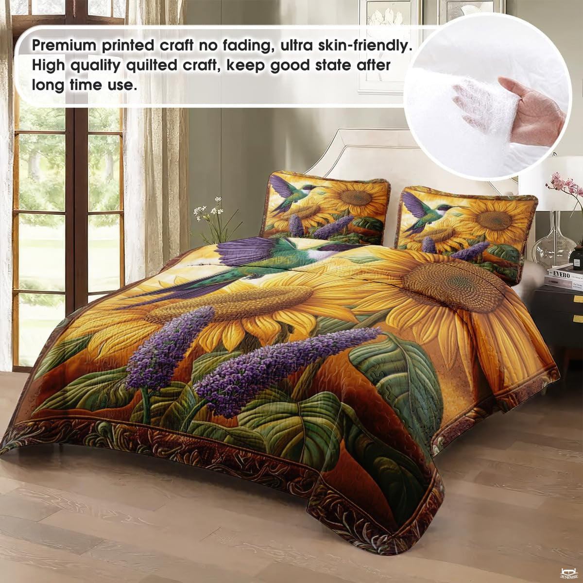 Staged bed featuring green hummingbird, yellow sunflowers, and amber botanical art