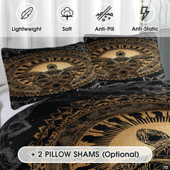 Wide bedroom view highlighting the radiant sunburst mandala sea turtle bedding ensemble.