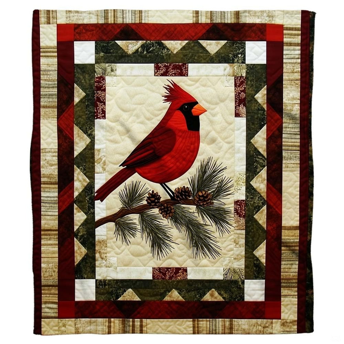 Bedroom display showcasing cardinal bird sheets and bedding with woodland pinecone patterns and plaid accents.