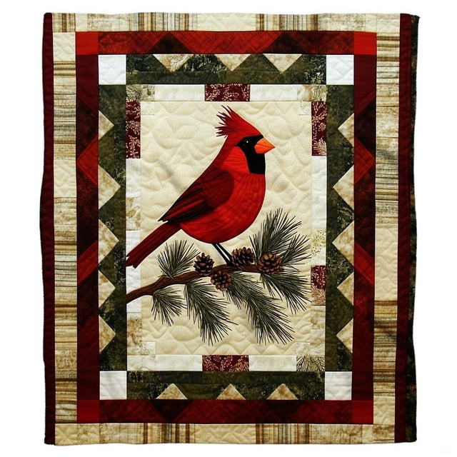 Bedroom display showcasing cardinal bird sheets and bedding with woodland pinecone patterns and plaid accents.