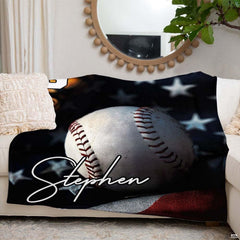 Patriotic baseball throw blanket view 6 highlighting stars and stripes flag, baseball details, and glove styling